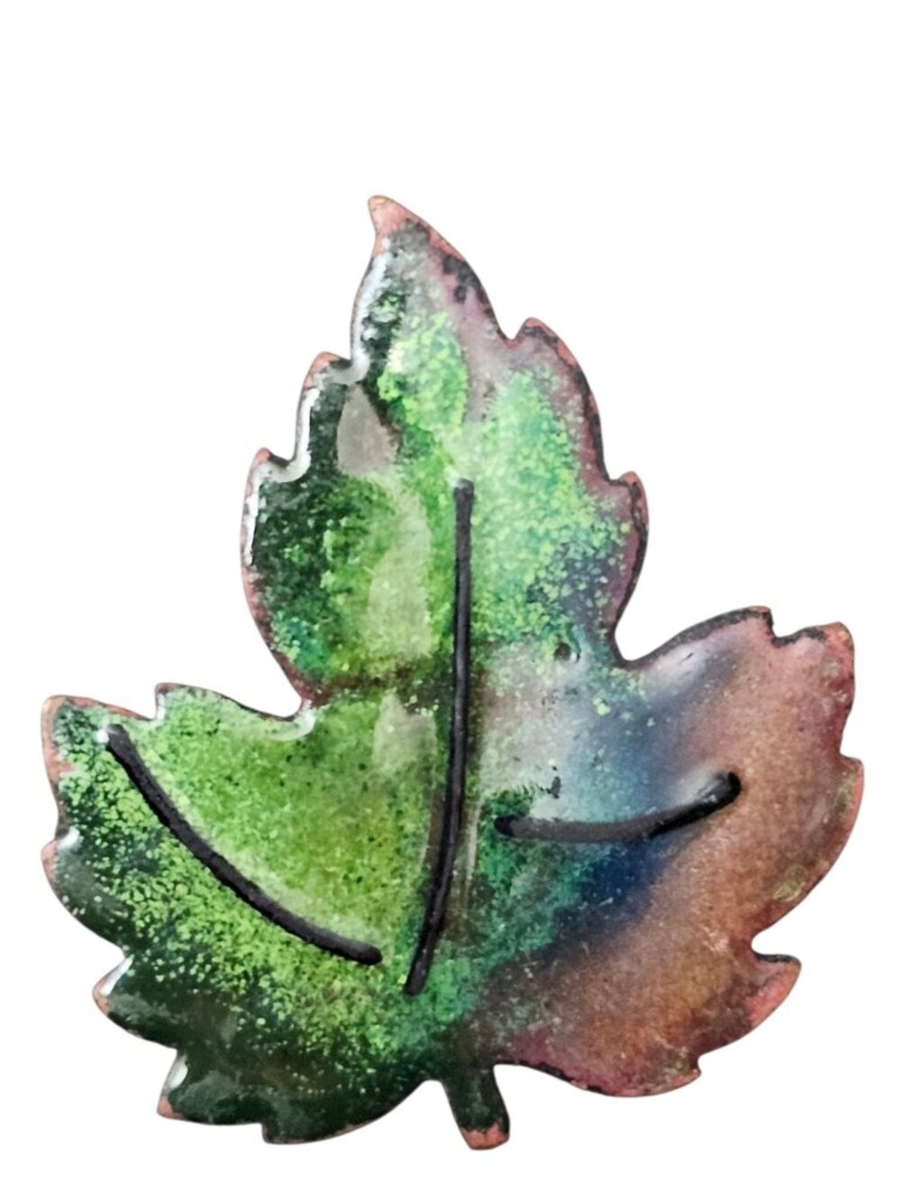 Vintage Enamel Copper Maple Leaf Brooch Pin Green Brown Handcrafted Art Jewelry